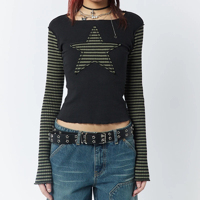 

y2k Star Patched Striped Long Sleeve T-shirt E-girl Gothic Mall Goth Tees Harajuku Grunge O Neck Slim Fit Crop Tops Streetwear