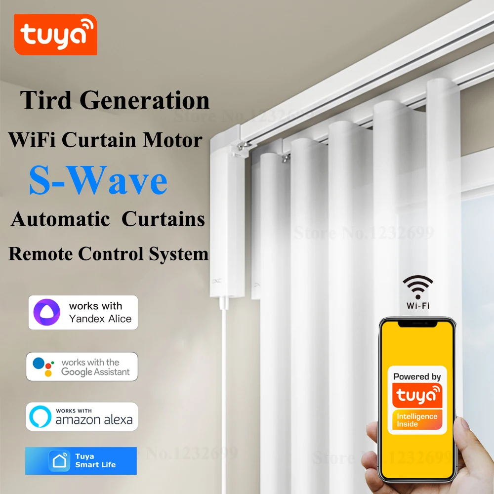 The 3Generation Shorter Tuya Smart WiFi Curtain Motor with Custom Electric S Wave Ripple Fold Curtains Rail Track Remote Control