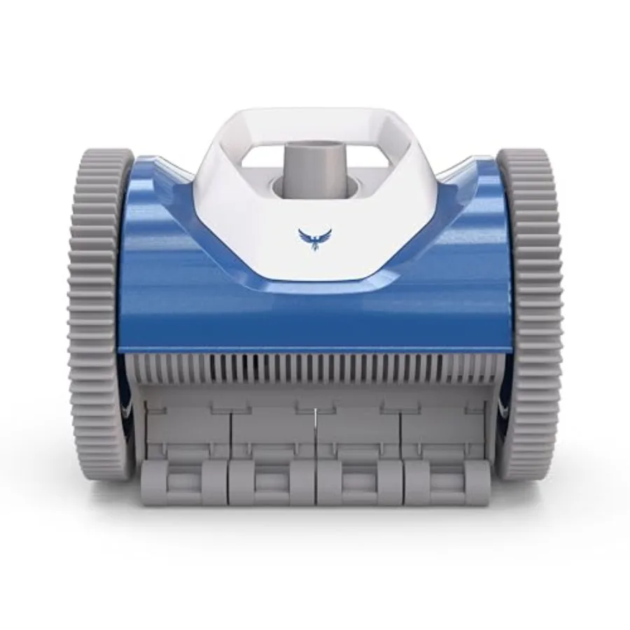 In-ground pool cleaner for pools up to 32, rubber tires with patented treads, black color, adjustable skirt and pre-programmed