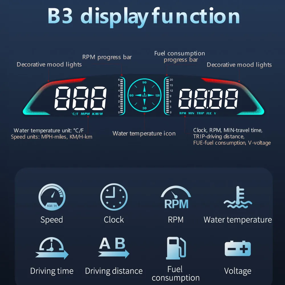 B3 HUD OBD Gauge Car Head Up Display Digital Speedometer RPM Water Temp Fuel Consumption Clock Voltage Overspeed Alarm