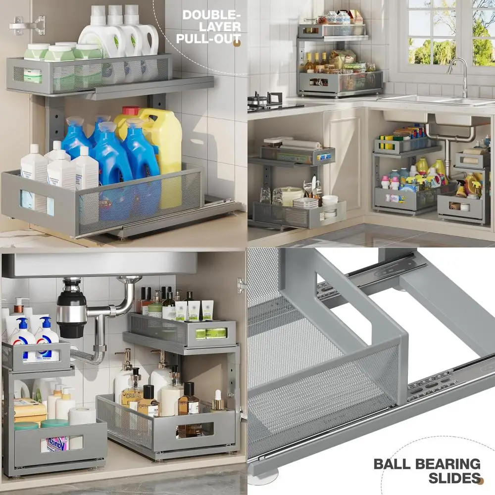 

15.74 Dual-Tier Sink Organizer w/ Adjustable Height & Ball-Bearing Slides for Kitchen, Bath, Laundry - Gun Gray
