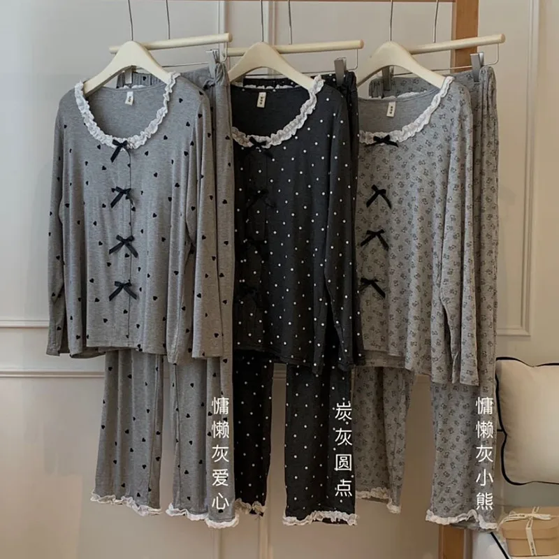 

Новый пижамный комплект с принтом в горошек, женская модальная удобная одежда для сна, пижамы Femme, весенне-осенняя домашняя одежда, костюм, женская одежда