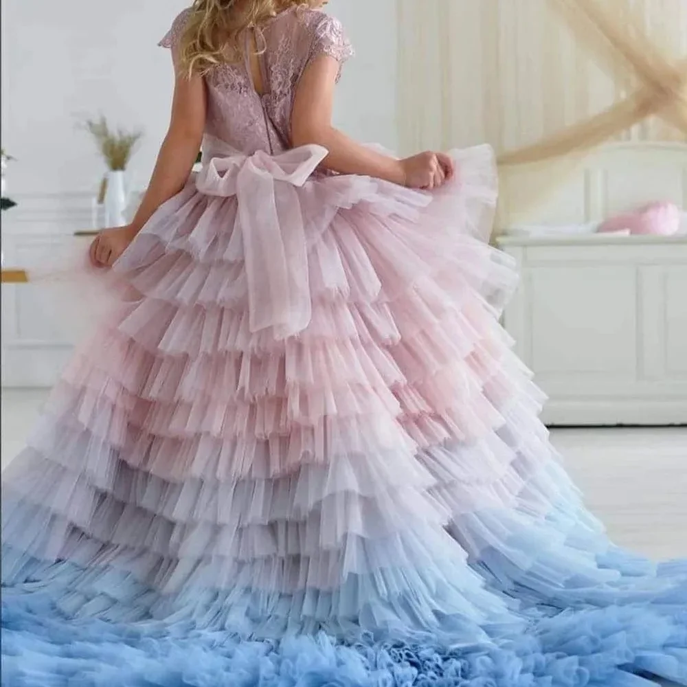 Custom Girls Luxury Cap Sleeve Lace Gradient Layered Ruffle Tulle Train Flower Girl Dress Wedding Party Gown Birthday Party