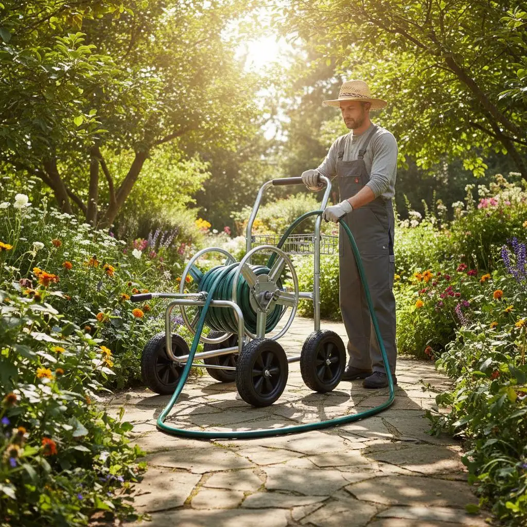 

Тележка для полива с трубой 300 футов (91,4 м) и диаметром 5/8 дюйма, для сада, двора, газона, 4-колесная мобильная тележка для инструментов, сверхпрочная, из стали с порошковым покрытием, для наружного использования.