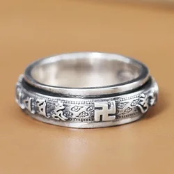 Classics Ethnic Style 925 Silver Rotatable Mens Rings Vintage Embossed Design Six-character Mantra Ring Banquet Jewelry