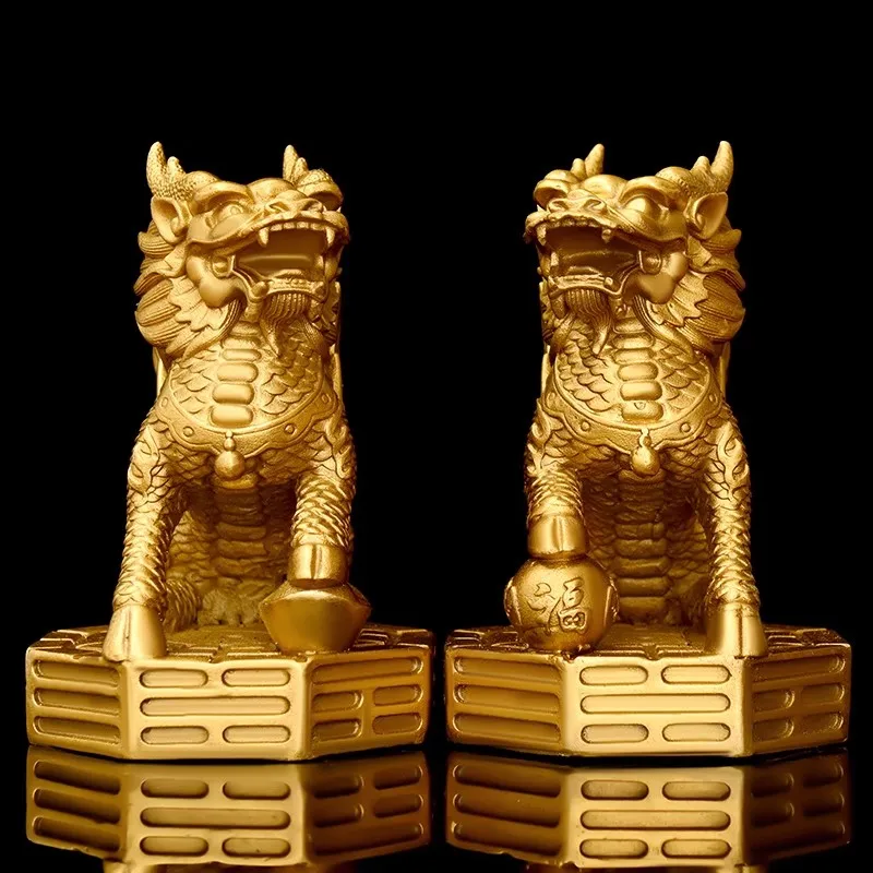 Pair of Chinese Qilin Statues (Auspicious Kirin) - Solid Brass Mythical Creature Sculpture with Coin Design, Feng Shui  Decor