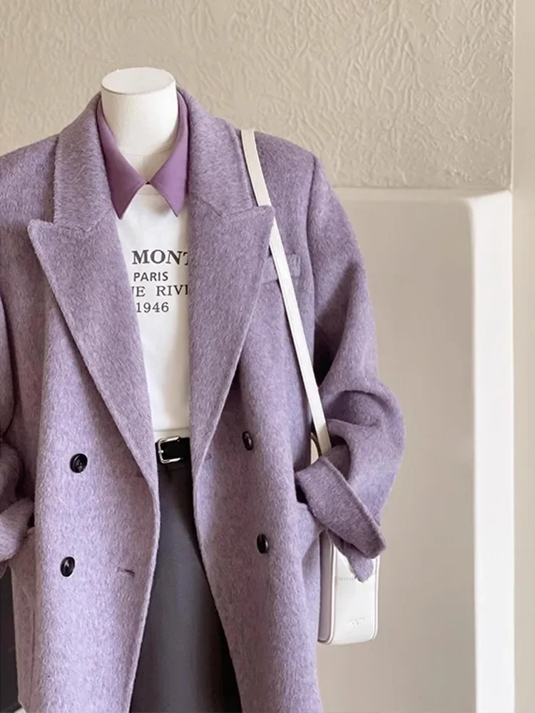 Gentle Purple Woolen Coat For Women In Autumn And Winter, New High-End Loose Casual Woolen Suit Short Jacket