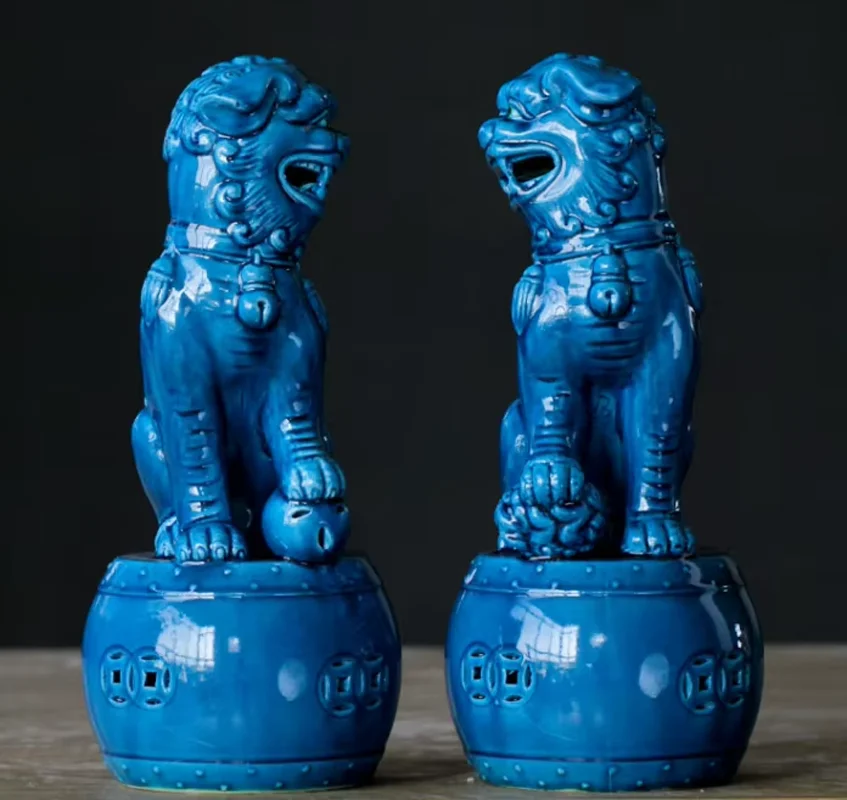 غرامة الصين جينغدتشن بولي الصقيل الخزف فو فو الحرس الأسد طبل تمثال زوج #2