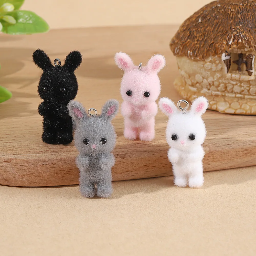4pcs Cute Cartoon Resin Charms Flocked Animal Rabbit Pendant for make Earring Keychain phone charm DIY Jewelry Accessories