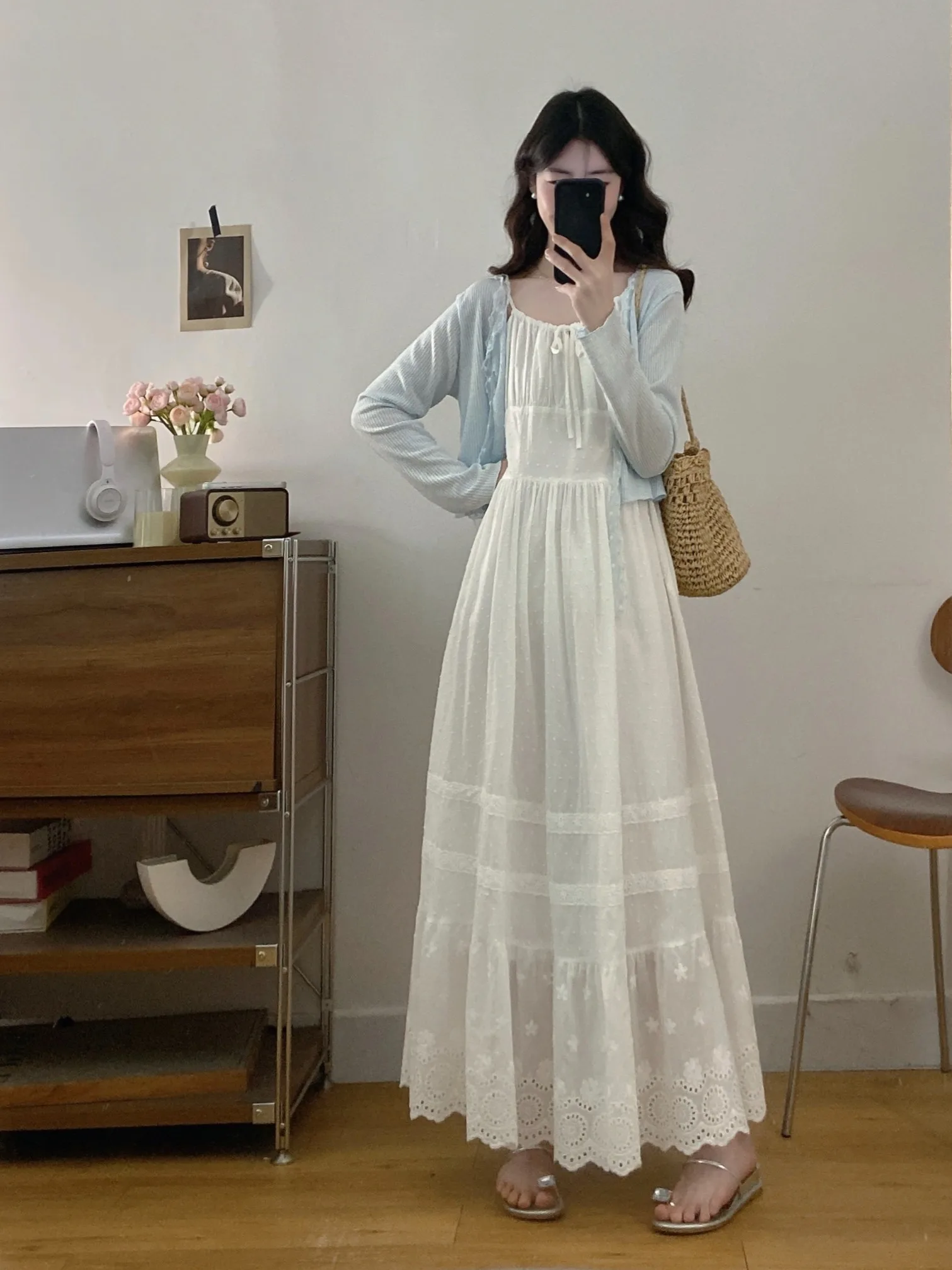 

plus Size Women's Sweet Lace Embroidery Strap Dress Summer New Style Layered Knitted Top Trendy High Waist Long Sleeve Dress