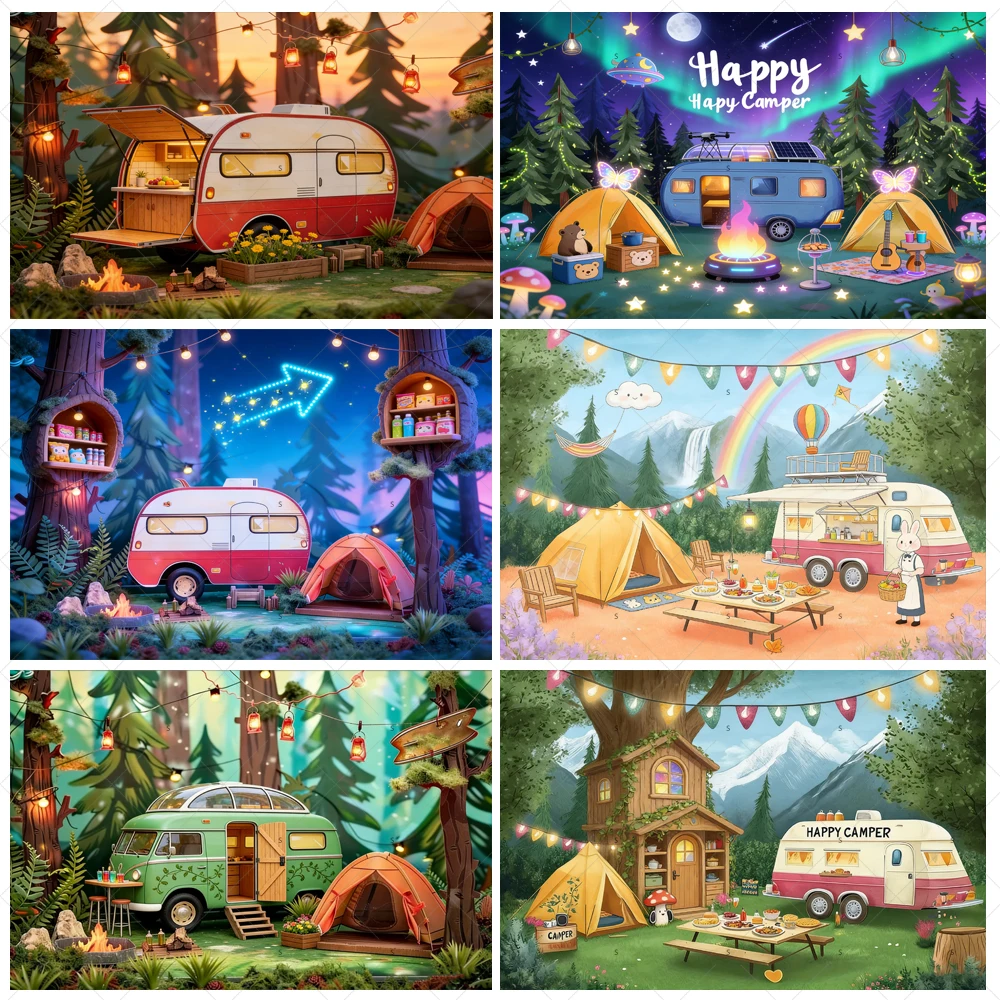 

Camper Adventure Backdrops Baby Happy Birthday Party Decorations Forest Mountain Hiking Backdground Banner Photography‌ Props