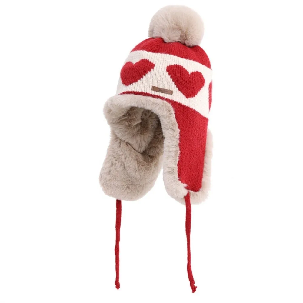 Polyester Heart Pattern Ear Flap Hat Pom Pom Cold Proof Trapper Hat Ear Protection 55cm To 60cm Head Circumference