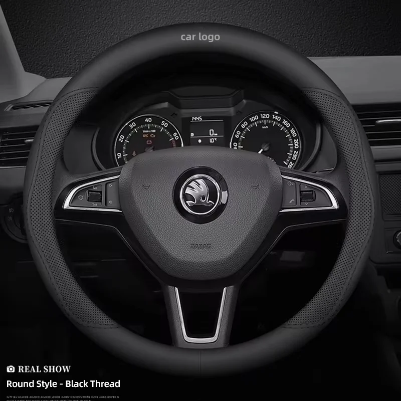 New leather steering wheel cover for car accessories Skoda Fabia. Superb Yeti Octave Kodiak Mk3 A6 A7 A5 Camic Carocchi 38cm