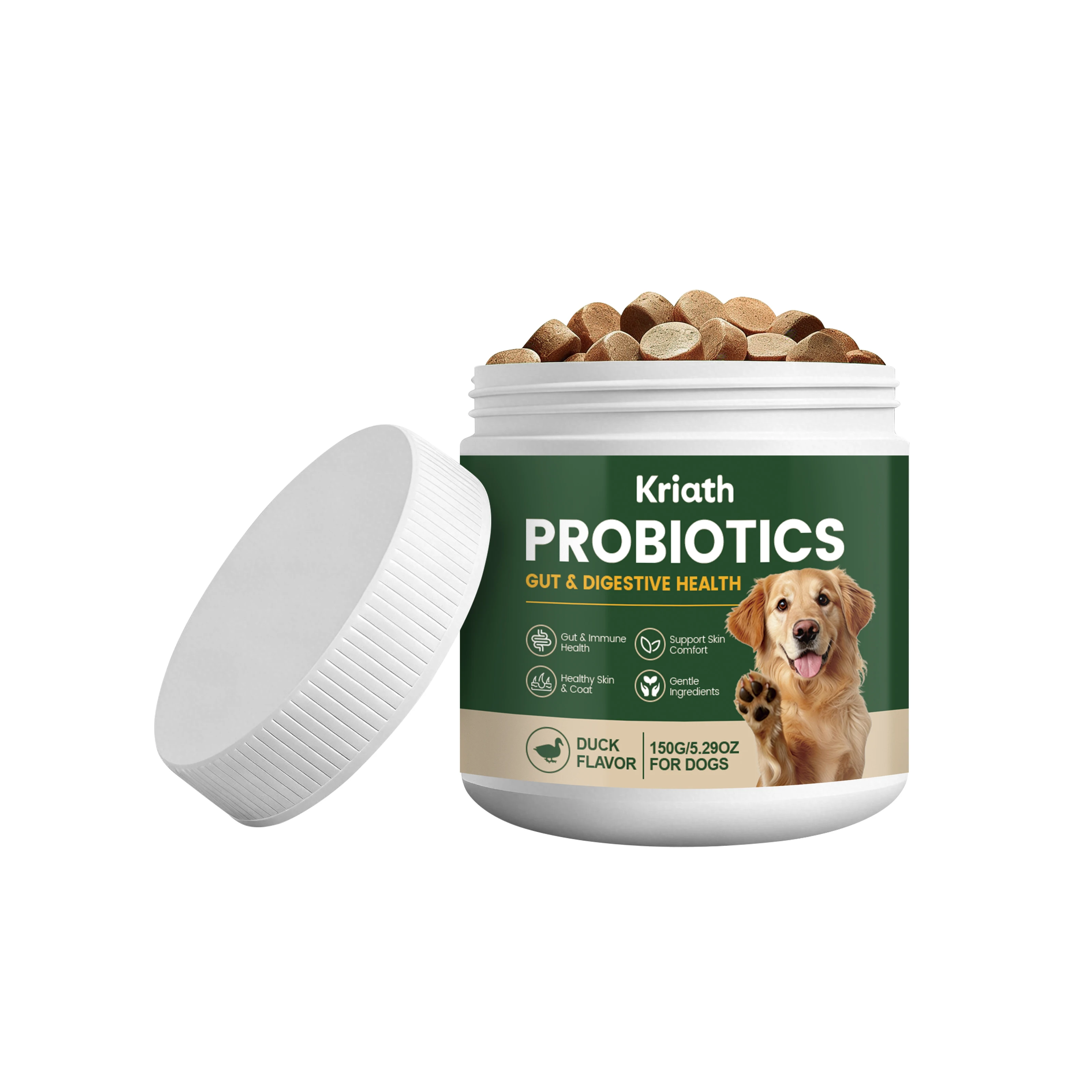 Kriath Probiotics for Dogs, Duck Flavor Chews for Gut & Digestive Health, Daily Dog Supplement with Bacillus Subtilis, Bifidobacterium & Papain, Supports Immunity, Skin & Coat, 150g