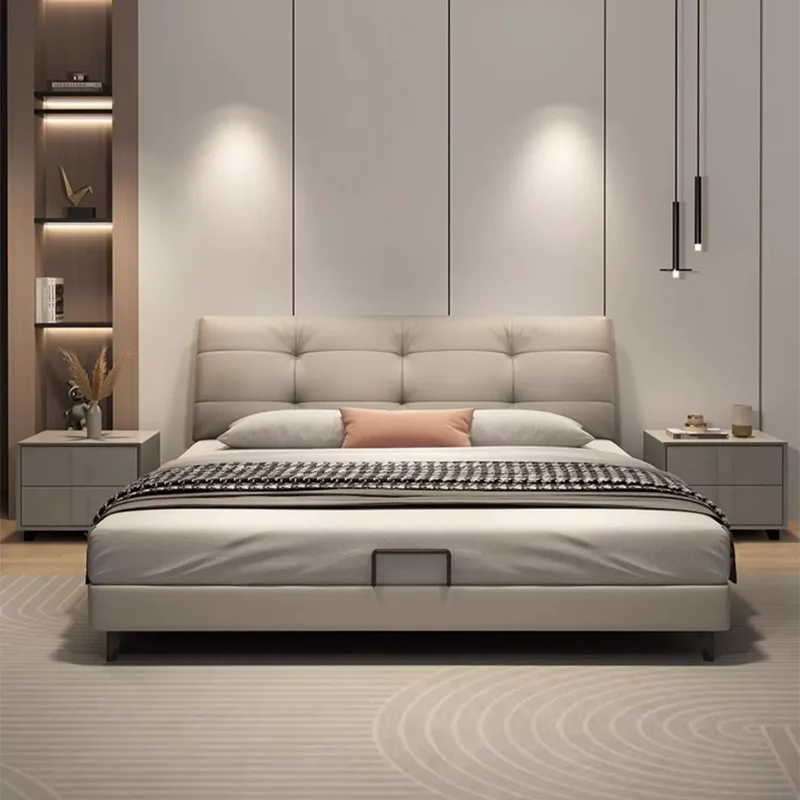 

Italian style, minimalist, leather bed, master bedroom, solid wood, soft bag, double