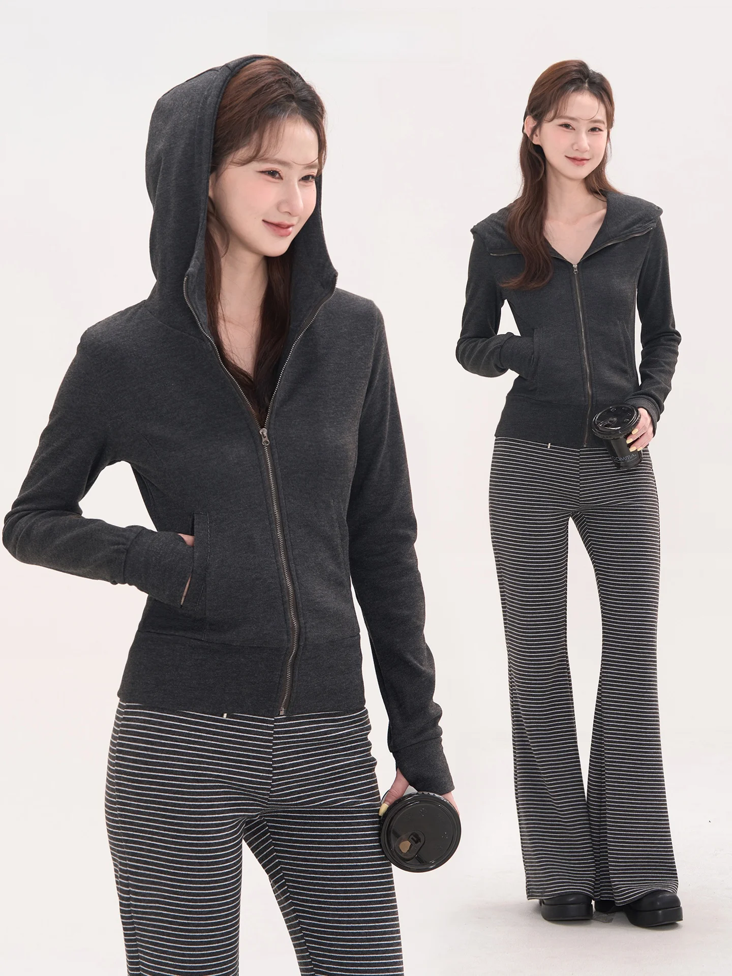 

a Hooded Brued Sweatirt Jaet Women's Autumn Winter Slimming ort Top Korean Sle Commute Faion Pure Color