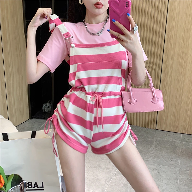 

Summer Two-piece Suits Women New Slim Round Neck Short Sleeve T-shirt+ Striped Drawstring One-piece Shoulder Shorts Sets