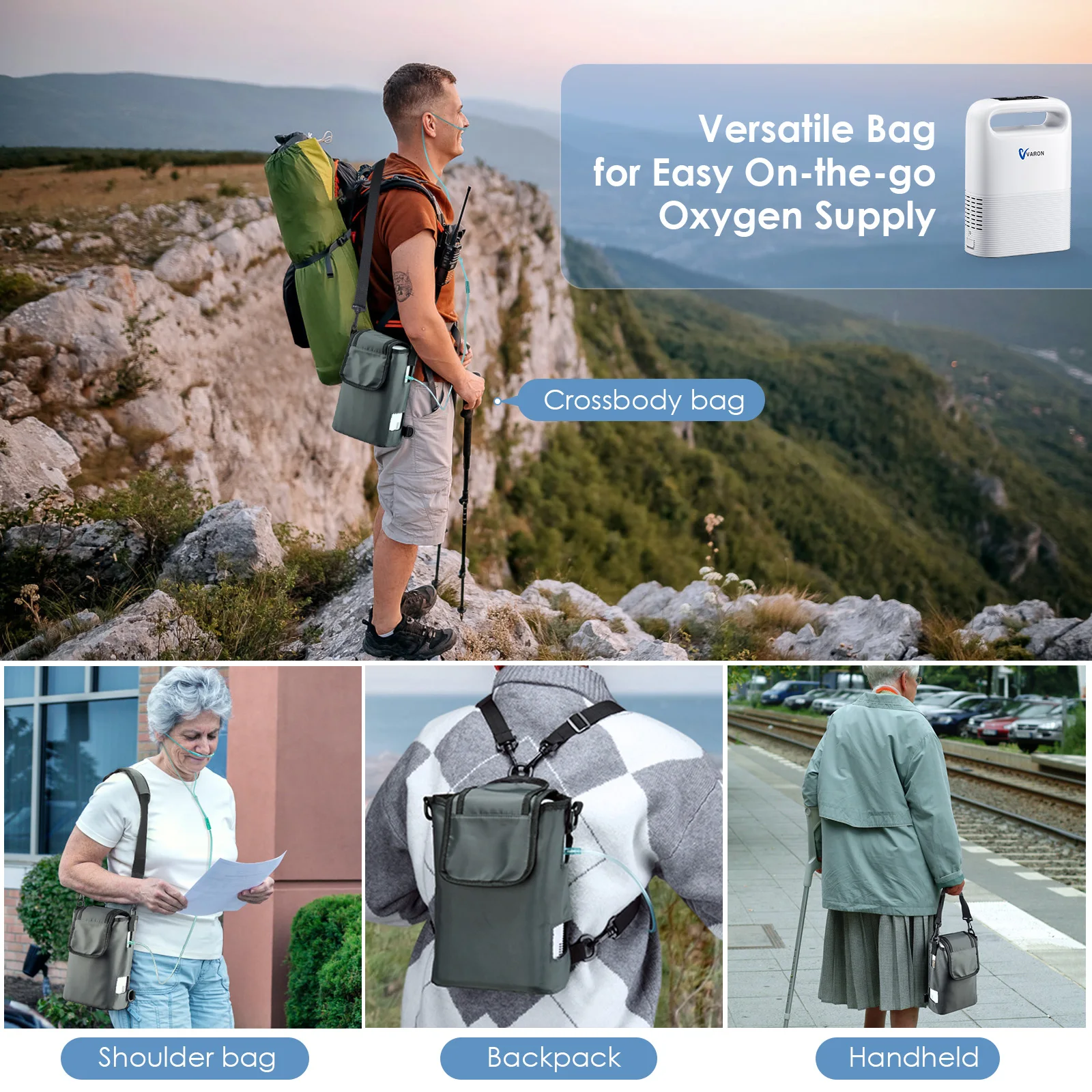 VARON 1-5 L Portable Oxygen Concentrator With Removable Battery For Home Travel 93% Purity Automatic Dual Oxygen Delivery Modes