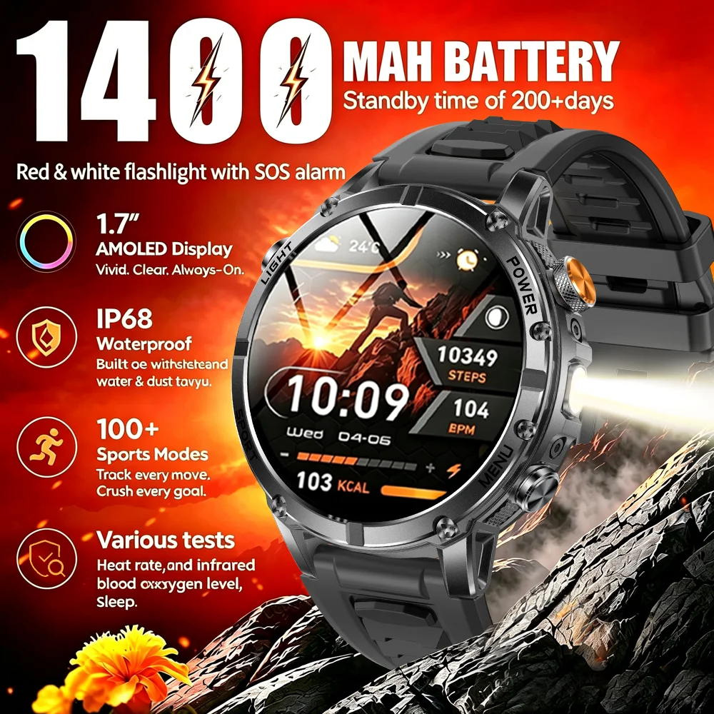 1400mAh Battery Military Smart Watch Men Bluetooth Call Flashlight IP68 Waterproof Tactical Rugged Watch Gift for Android iOS