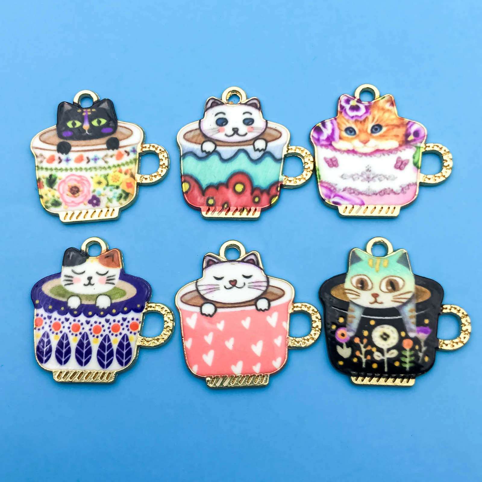 6pcs/SetAlloy Metal Enamel Dripping Oil Tea Cup Cat Pattern Charms Pendant Handmade DIY Earrings Necklace Bracelet