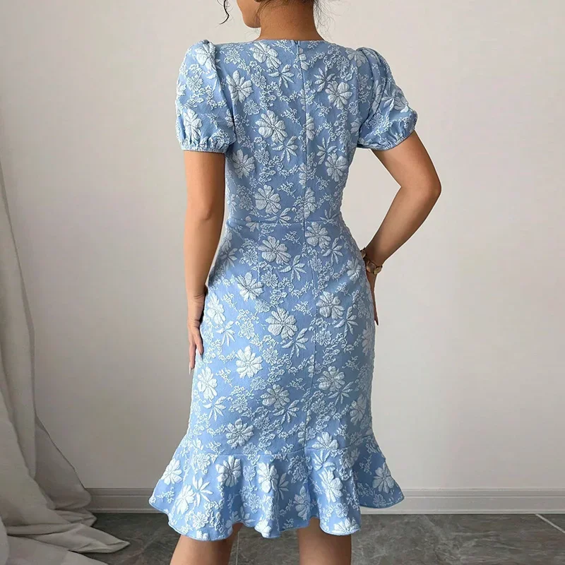 Women O-Neck Embroidery Ruffle Party Dress Summer Floral Casual Short Sleeve Solid Slim Wrap Hip Dreses Vacation Temperament