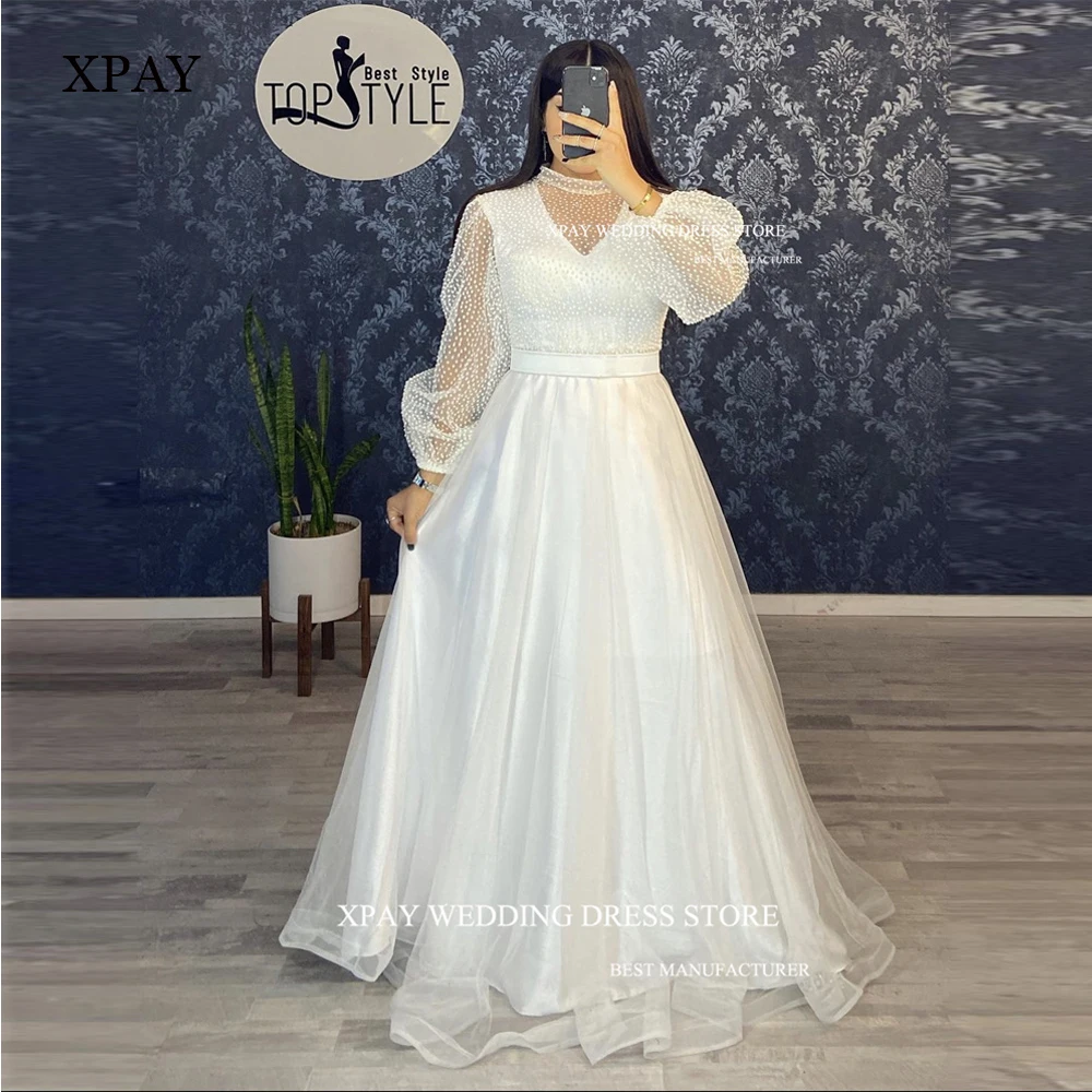 

XPAY Modest White Dotted Tulle Evening Dresses High neck Puff Long Sleeves Prom Gowns Formal Party Dress Plus Size Vestidos