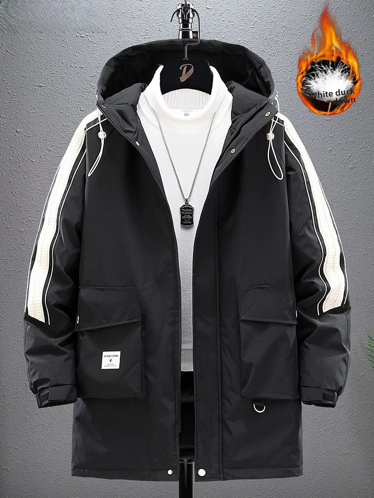 

Мужская зимняя удлиненная пуховая куртка большого размера, свободного кроя, с капюшоном, теплая, защищающая от холода, модная, городская, повседневная