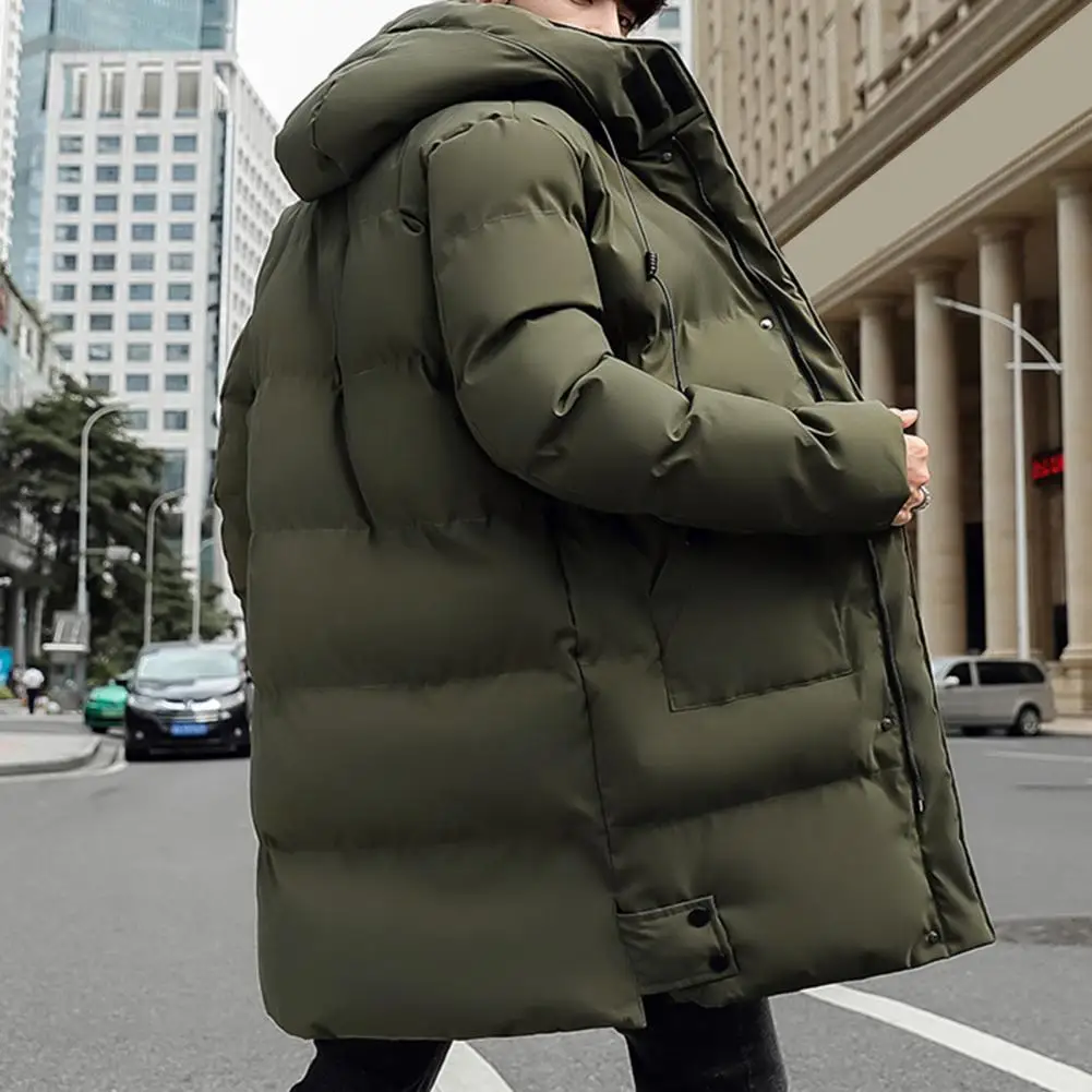 Cotton Coat Men\'s Hooded Cotton Puffer Coat with Drawstring Long Sleeve Mid-length Down Jacket Solid Color Thickened Winter