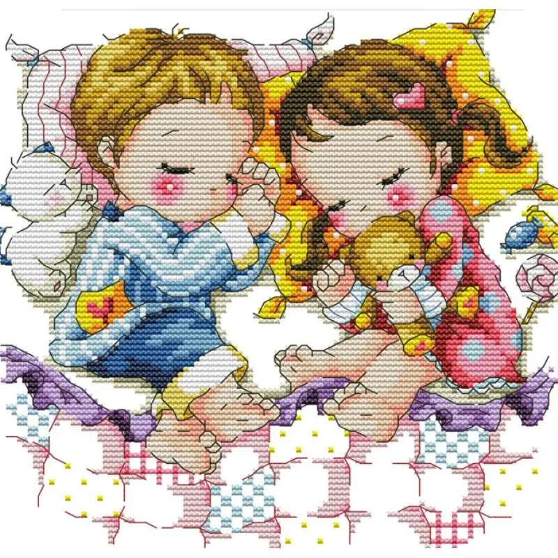 Cartoon Characters Couple Series Cross Stitch 14ct 16ct 11ct White Cloth Printed Fabric Needlework DIY Kids Hand Embroidery Kits