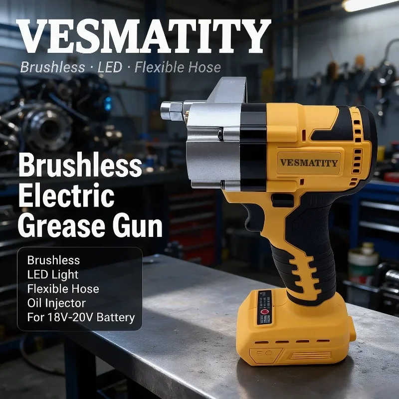 Vesmatity Brushless Electric Grease Gun LED Oil Injector Grease Tool with Flexible Hose for 18V 20V Battery