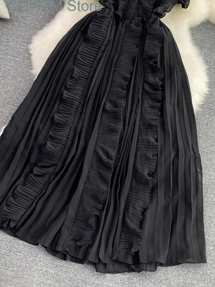 Nieuwe zoete stijl lange jurk voor dames V-hals Fly-mouwen A-lijn effen kleur hoge taille jurken lente zomer