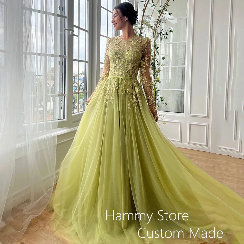 Olive Green Evening Dress Customized Round Neck Long Sleeves Beading Flower Lace Robe De Soiree Prom Dresses Party Gown