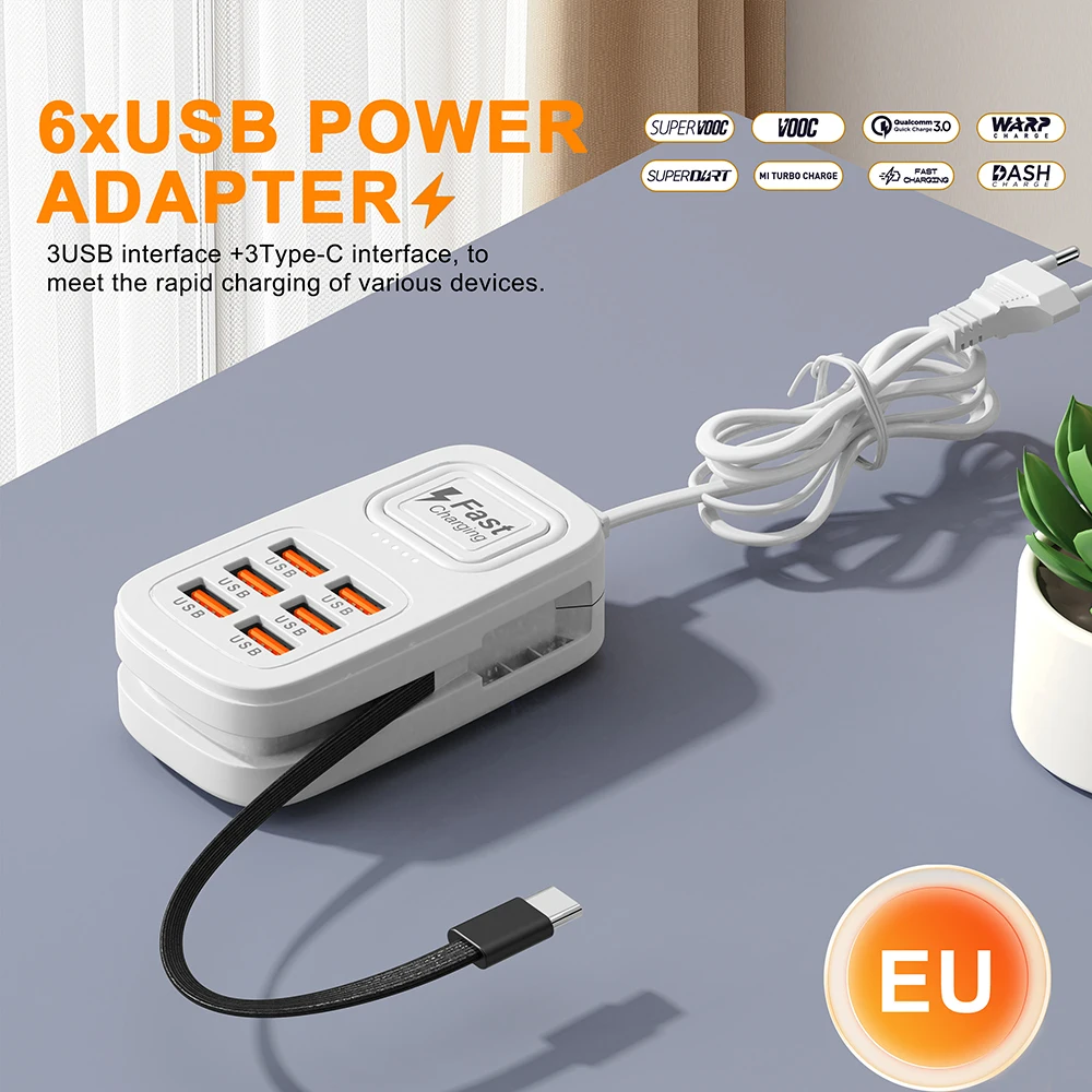 6-in-1-Schnellladestation, Multi-Port-USB-Typ-C-Desktop-Ladegerät, Steckdose, Ladeadapter für mehrere Geräte, EU-, US- und UK-Stecker