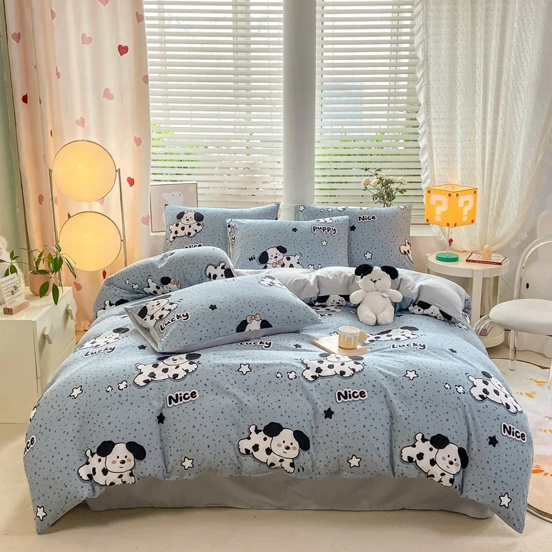 Dog Duvet Cover Set Full, 4PCS Cute Cartoon Puppy Bedding Set Soft Star Print Pattern Comforter Cover for Boys Girls Room Decor