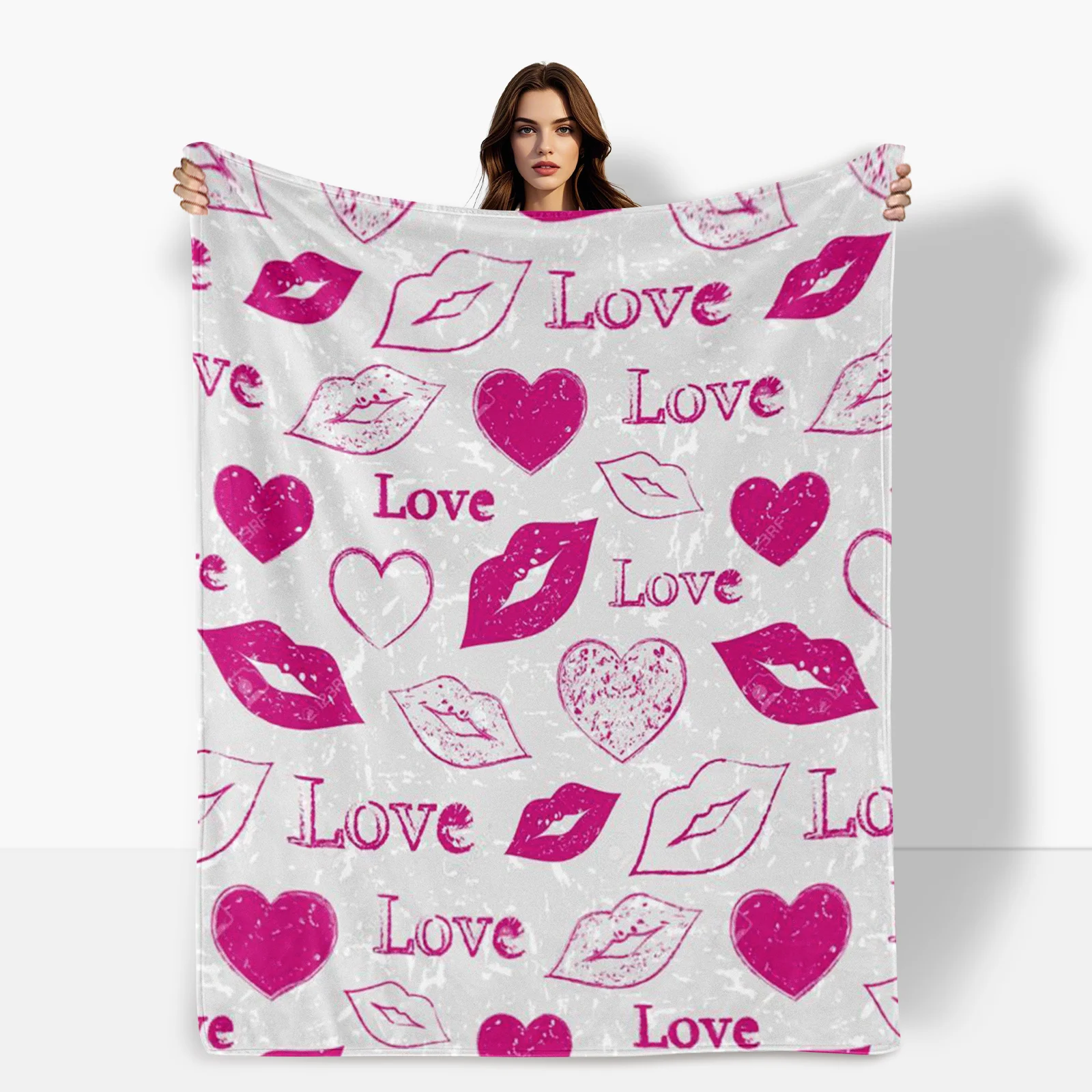 Elegant Lip Print Blanket In Fuchsia White With Heart Patterns For A Chic And Romantic Home Decor Touch