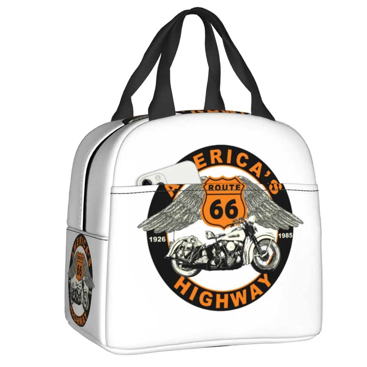 

Custom Route 66 Americas Highway Poster Insulated Lunch Bag for Women Portable Cooler Thermal Bento Box Office Picnic Travel