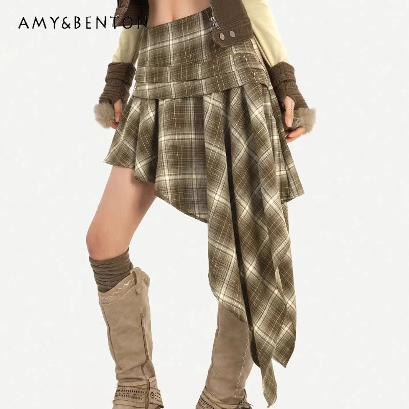 

Original Retro Design Plaid Irregular Women's Skirt 2026 Spring New Sweet Cool Fashion Tassel Y2K Hot Girl A-line Skirts Ladies