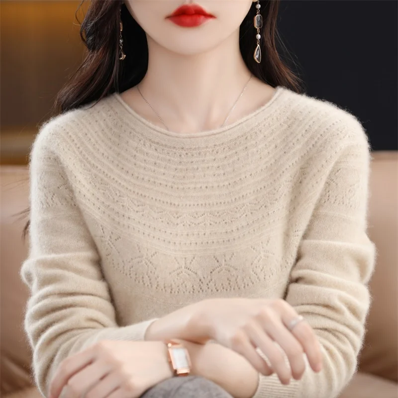 2023 Autumn New 100% Pure Wool Knitted Pullover Women\'s O-Neck Long-Sleeved Sweater Female Fashion Hollow Out Women\'s Shirt