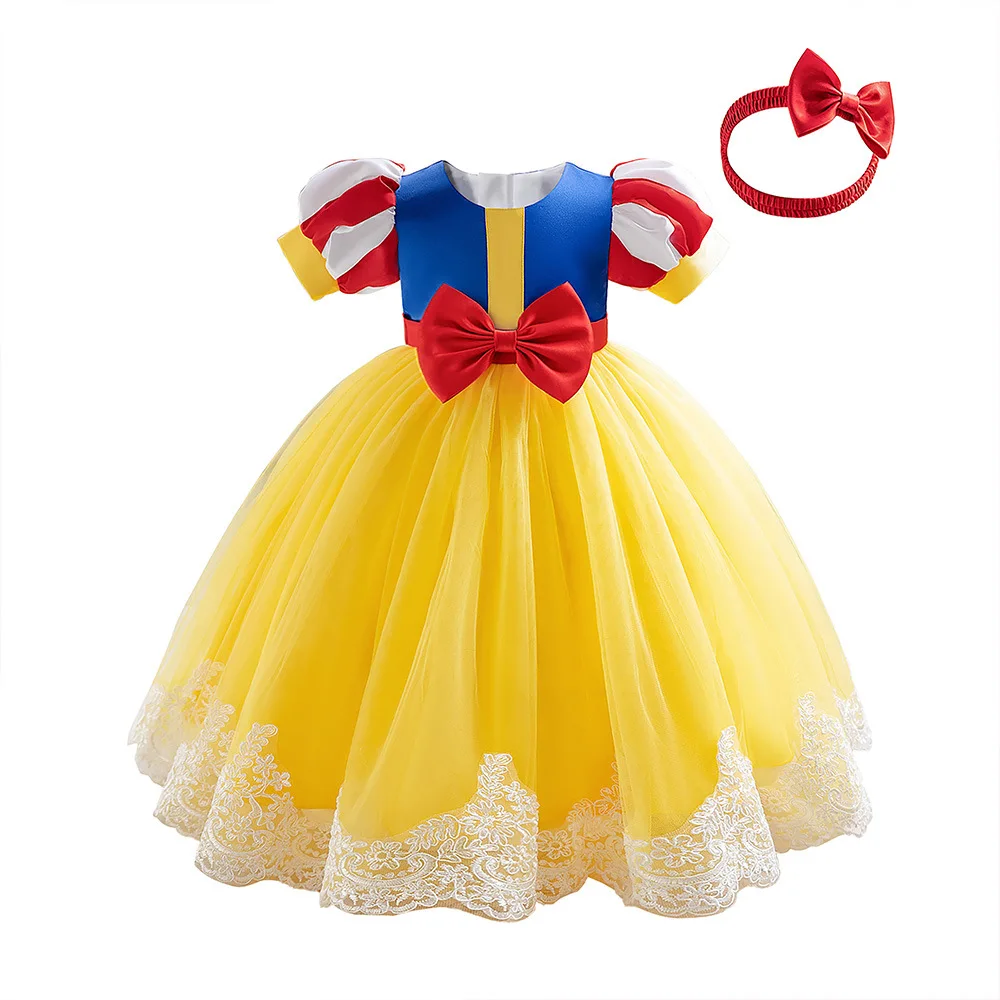 2pcs Snow White Party Dresses for Girls Baby Cosplay Princess Dress Toddler Halloween Wedding Clothes Fashion Yellow Costume kid