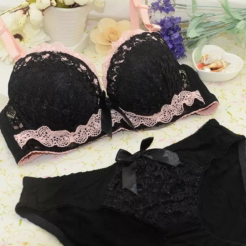 New Push-up Bra And Panty Sets Women\'s underwear Set Lace Sexy Comfortable Brassiere Young Bow Bra Adjustable Deep V Lingerie