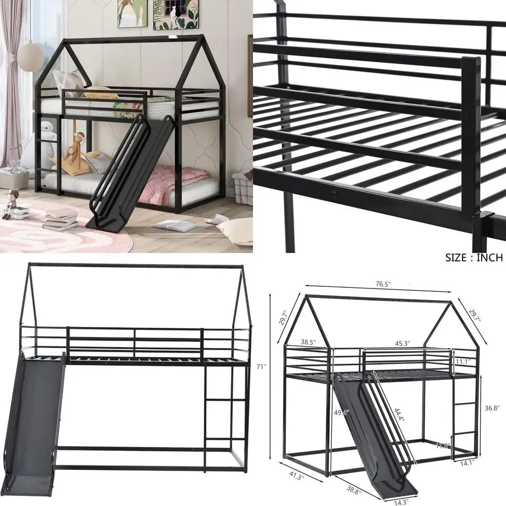 سرير معدني بطابقين مع منزلق وسلم، درابزين كامل توأم للأطفال، مناسب للأولاد والبنات #1