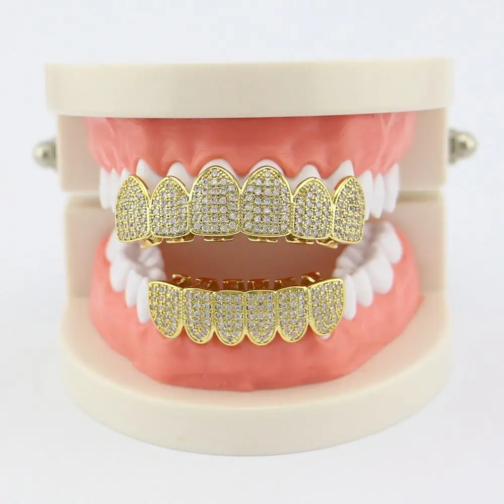 Hip Hop Teeth Grillz Set Removable Design Top & Bottom Set Dental Grills Tooth Caps Rhinestone Hollow Charm Teeth Grillz
