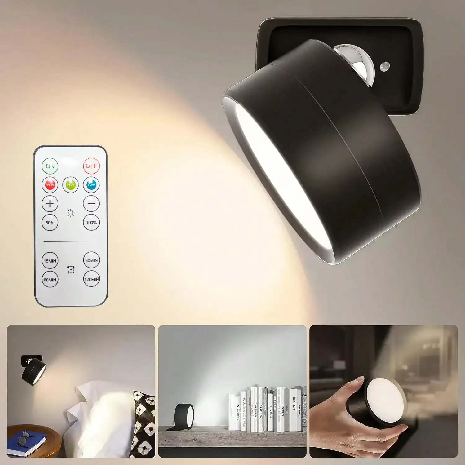 1PC Cordless LED Wall Sconce, Remote Control 3-Color Dimmable Magnetic Rechargeable Light