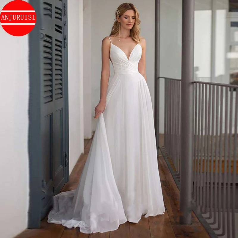 

V Neck Criss-Cross Wedding Dress Sweep Train Sleeveless Chiffon Bride Gown Robe De Mariée Beach Wedding Gown