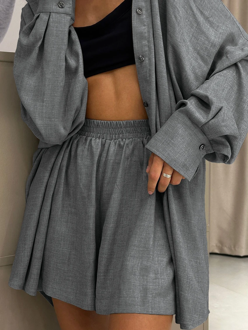 Marthaqiqi Loose Gray Ladies Nightgowns Set Turn-Down Collar Sleepwear Long Sleeve Pajamas Shorts Casual Nightwear 2 Piece Suit