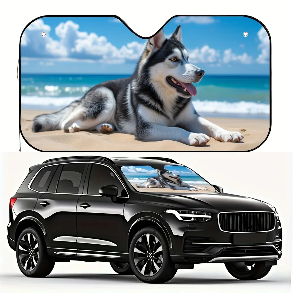 1pc Husky On Beach Car Sun Visor - Adorable Siberian Husky Beach Scene Design, Fit For Most Vehicles, Quick Installation & Comfo