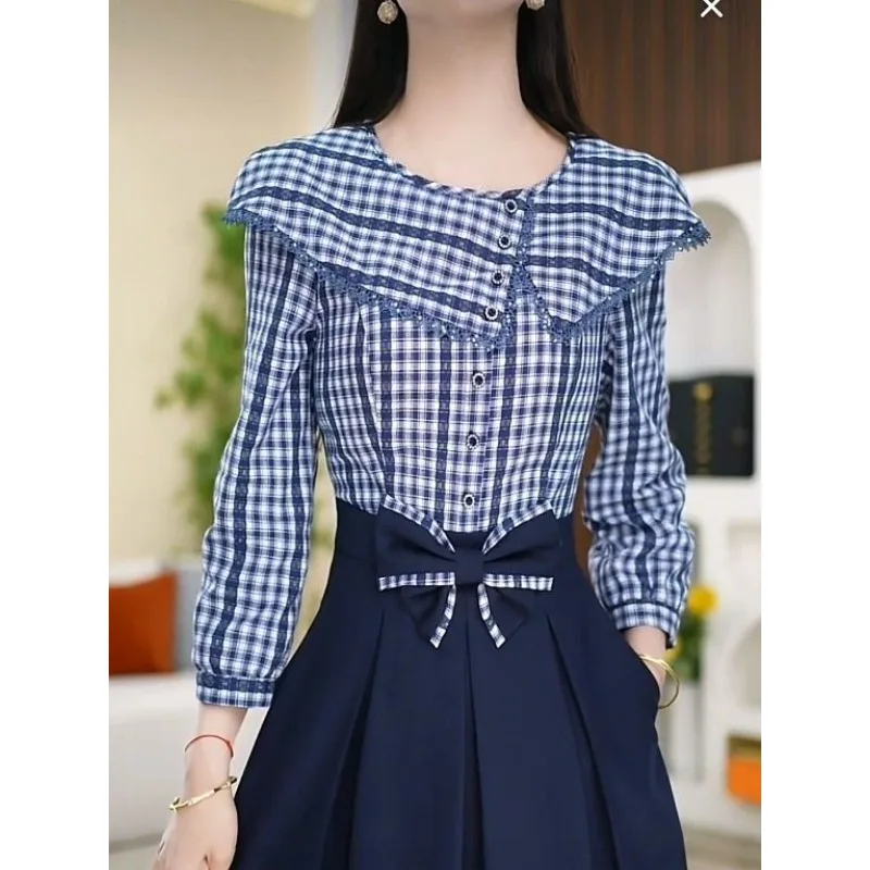 

Новый дизайн, облегающее талию платье из двух частей в стиле ретро во французском стиле с рюшами и воротником-стойкой