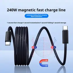 240w Magnetic Fast Charge Cable Braid USB C Cable Retractable Anti-tangles Charging Cord for IPhone Laptop Car Charger Travel