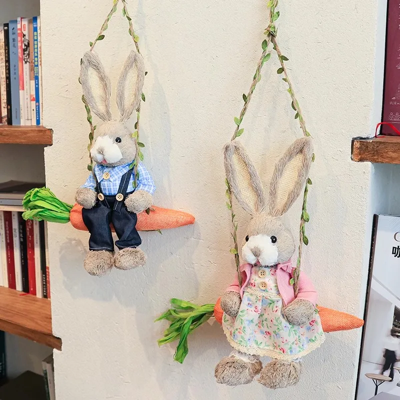 Creative Straw Woven Swing Rabbit Wall Decor, Hanging Ornament for Coffee Shop, Cake Shop, Living Room & Home Wall Decoration