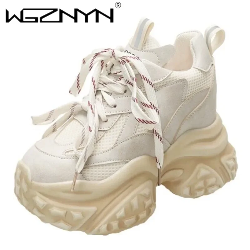 NEW Women Mesh Chunky Sneakers Autumn 10CM High Platform Shoes Ladies New Wedges Casual Shoes Woman Sports Dad Leather Sneakers